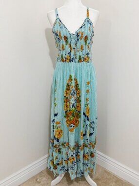 Me 2 Magic Anthropologie Sleeveless Maxi Boho Dress Blue Floral Size XL NWT